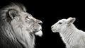 Lion and Lamb Black Background, Monochrome, Peaceful Coexistence, Lion, Lamb Royalty Free Stock Photo