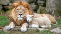 Lion and lamb coexisting harmoniously, showcasing peaceful unity in a serene setting