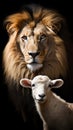 Lion and lamb in front of a black background. Generative AI