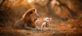 Lion and lamb peacefully coexisting, living together in perfect harmony and tranquility Royalty Free Stock Photo