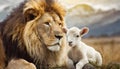 Lion and Lamb Sitting in a Field. Generative AI