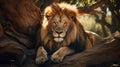 A lion laying on top of a tree branch Royalty Free Stock Photo