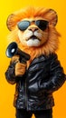 A lion in a leather jacket and sunglasses holding a megaphone Royalty Free Stock Photo