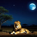 lion lies in the savannah at night in the background is a