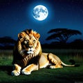 lion lies in the savannah at night in the background is a