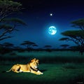 lion lies in the savannah at night in the background is a