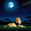 lion lies in the savannah at night in the background is a