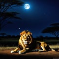 lion lies in the savannah at night in the background is a