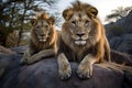 Lion and lioness in the savanna of Zimbabwe, Africa with Generative AI.