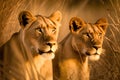 Lion and lioness in the savannah of Zimbabwe, Africa