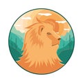 Lion logo, on a background of greens, cactus, sun. Lion emblem with nature on the background. Vector illustration