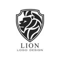 Lion logo, classic vintage style design element, shield with heraldic animal, monochrome vector Illustration on a white Royalty Free Stock Photo