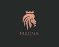 Lion logo design vector icon symbol logotype. Side lion head with crown, modern style illustration. Royalty Free Stock Photo
