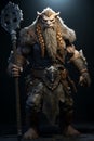 A lion-looking viking in armor with a battleax standing on the battlefield, generative ai