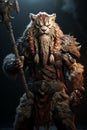 A lion-looking viking in armor with a battleax standing on the battlefield, generative ai