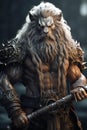 A lion-looking viking in armor with a battleax standing on the battlefield, generative ai