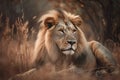 A lion with a lush mane resting on the grass, ai-generated artwork