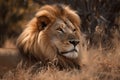 A lion with a lush mane resting on the grass, ai-generated artwork