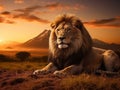 Ai Generated illustration Wildlife Concept of Lion lying in grass. Sunset over Mount Kilimanjaro