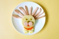 Lion made of bread and sausage. Food art. Funny dish for Kids. Snack time. Idea for breakfast. Restaurant menu.