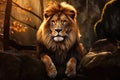 Lion with Majestic Mane and Striking Lighting Sitting on Massive Rock