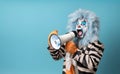 Lion man announcing using hand speaker. Notifying, warning, announcement Royalty Free Stock Photo