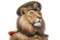 Lion in military clothes isolated on white, illustration generated by AI