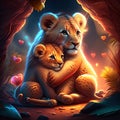 Lion Cubs hugging heart Lion mother with baby lion cubs in the cave. 3d rendering AI generated animal ai