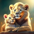 Lion mother with her baby lion cubs. 3D rendering generative AI animal ai