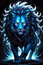 A lion in motion with optical illusion, its eyes emitting a mystical, otherwordly glow, dark fantasy athmosphere Royalty Free Stock Photo