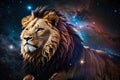 A HD Photo of a Lion against a Night Sky Galaxy Planet Background