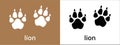 Lion paw print trail icon. Lion, leopard, panther or tiger foot print track icons vector set. Black and white. Isolated vector Royalty Free Stock Photo