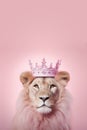 Lion with a pink crown against pink background. Strength, power, diversity, identity concept. Ai generative