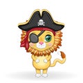 Lion pirate, cartoon character of the game, wild animal cat in a bandana and a cocked hat with a skull, with an eye Royalty Free Stock Photo