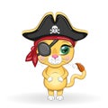 Lion pirate, cartoon character of the game, wild animal cat in a bandana and a cocked hat with a skull, with an eye