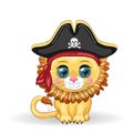 Lion pirate, cartoon character of the game, wild animal cat in a bandana and a cocked hat with a skull, with an eye