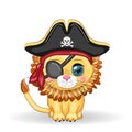 Lion pirate, cartoon character of the game, wild animal cat in a bandana and a cocked hat with a skull, with an eye