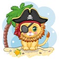 Lion pirate, cartoon character of the game, wild animal cat in a bandana and a cocked hat with a skull, with an eye