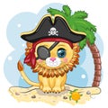 Lion pirate, cartoon character of the game, wild animal cat in a bandana and a cocked hat with a skull, with an eye