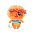 Lion pirate character in cartoon style, in a blue white vest, red bandana, black eyepatch. Royalty Free Stock Photo