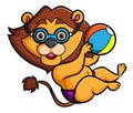 The lion is playing the ball beach with the happy expression Royalty Free Stock Photo