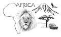 Lion portrait on Africa map background with Kilimanjaro mountain, vulture and car