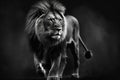 Lion portrait in black and white, wild African animal walks at night, generative AI