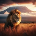 Lion portrait in front of the famous Mount Kilimanjaro, Africa