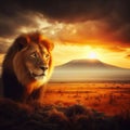 Lion portrait in front of the famous Mount Kilimanjaro, Africa