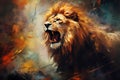 Lion portrait. Oil painting in impressionism style. Horizontal composition