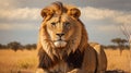 Lion portrait on savanna landscape Royalty Free Stock Photo