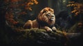 Realistic Lion Painting In A Forest: Kingcore Illustration With Iconic Lighting Royalty Free Stock Photo