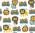 Lion power seamless pattern with cute animals and bubble lettering.