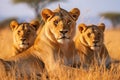 Lion pride in field on sunny weather. Generative AI